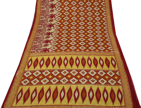 Sushila Vintage Cream Saree 100% Pure Cotton Printed Indian Soft Craft Fabric