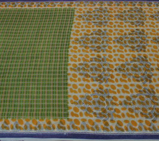 Sushila Vintage Green Indian Saree 100% Pure Cotton Printed 5 YD Craft Fabric