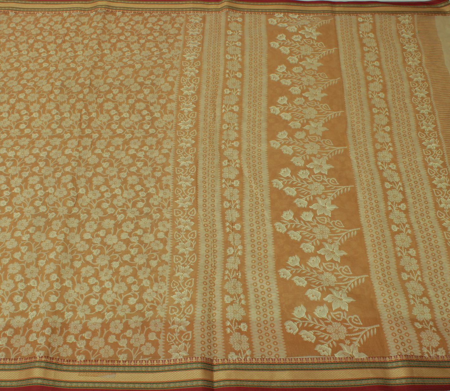 Sushila Vintage Brown Saree Blend Cotton Woven Floral 5 Yard Craft Fabric