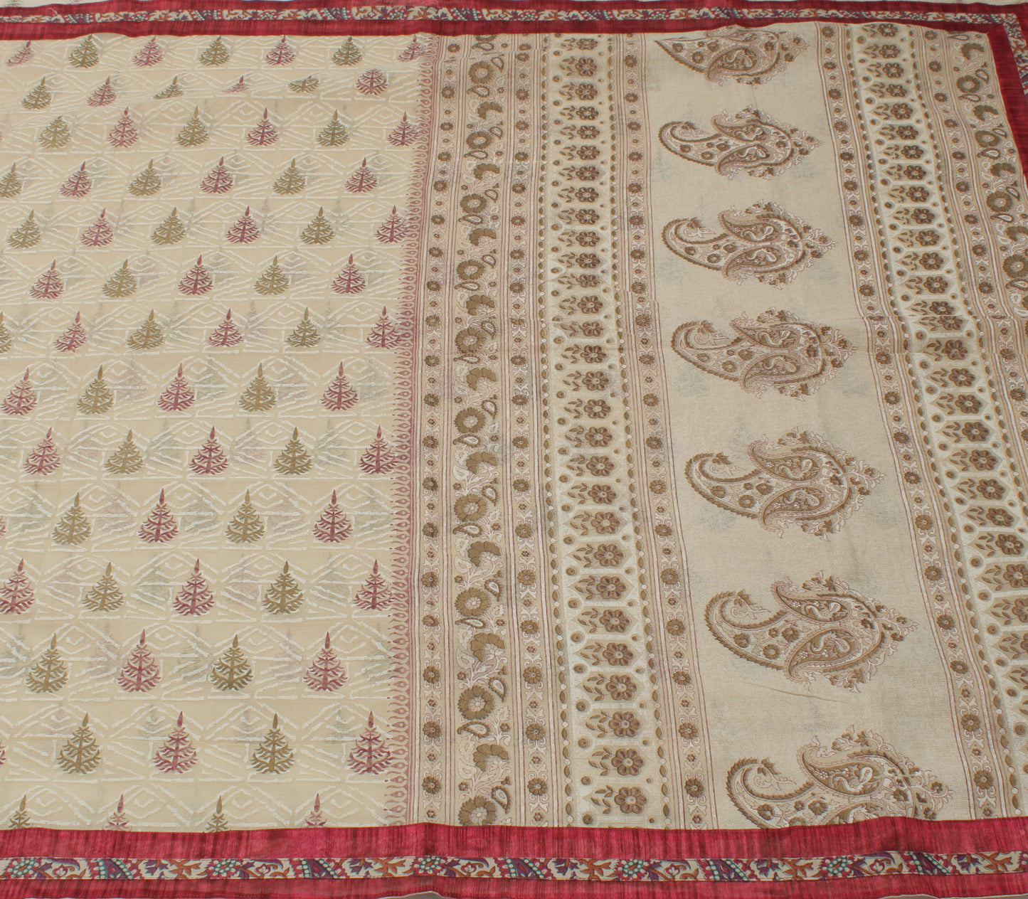 Sushila Vintage Cream Saree Blend Cotton Printed Floral Soft Craft Sheer Fabric