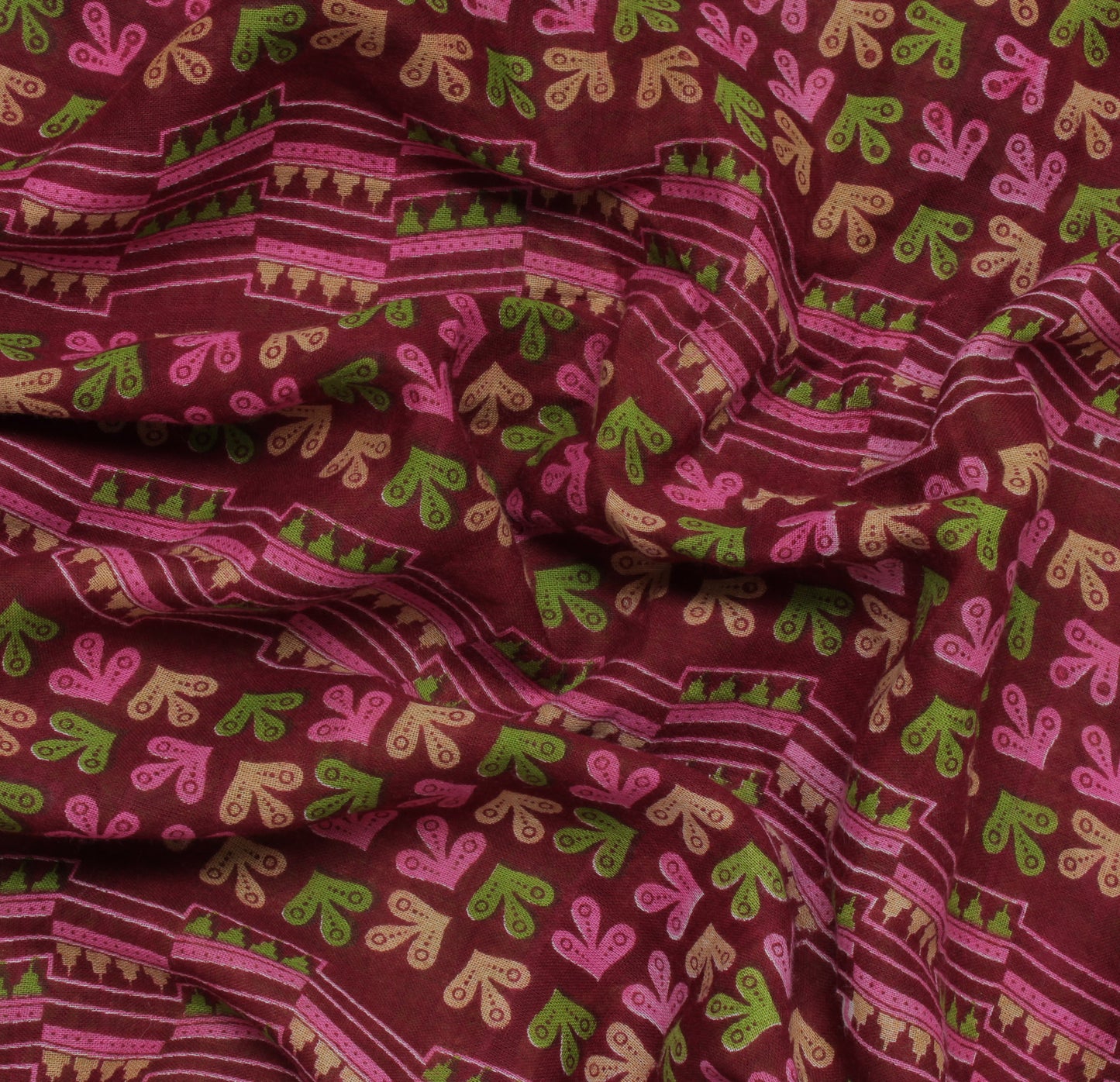 Sushila Vintage Maroon Saree 100% Pure Cotton Printed Floral 5 Yard Craft Fabric