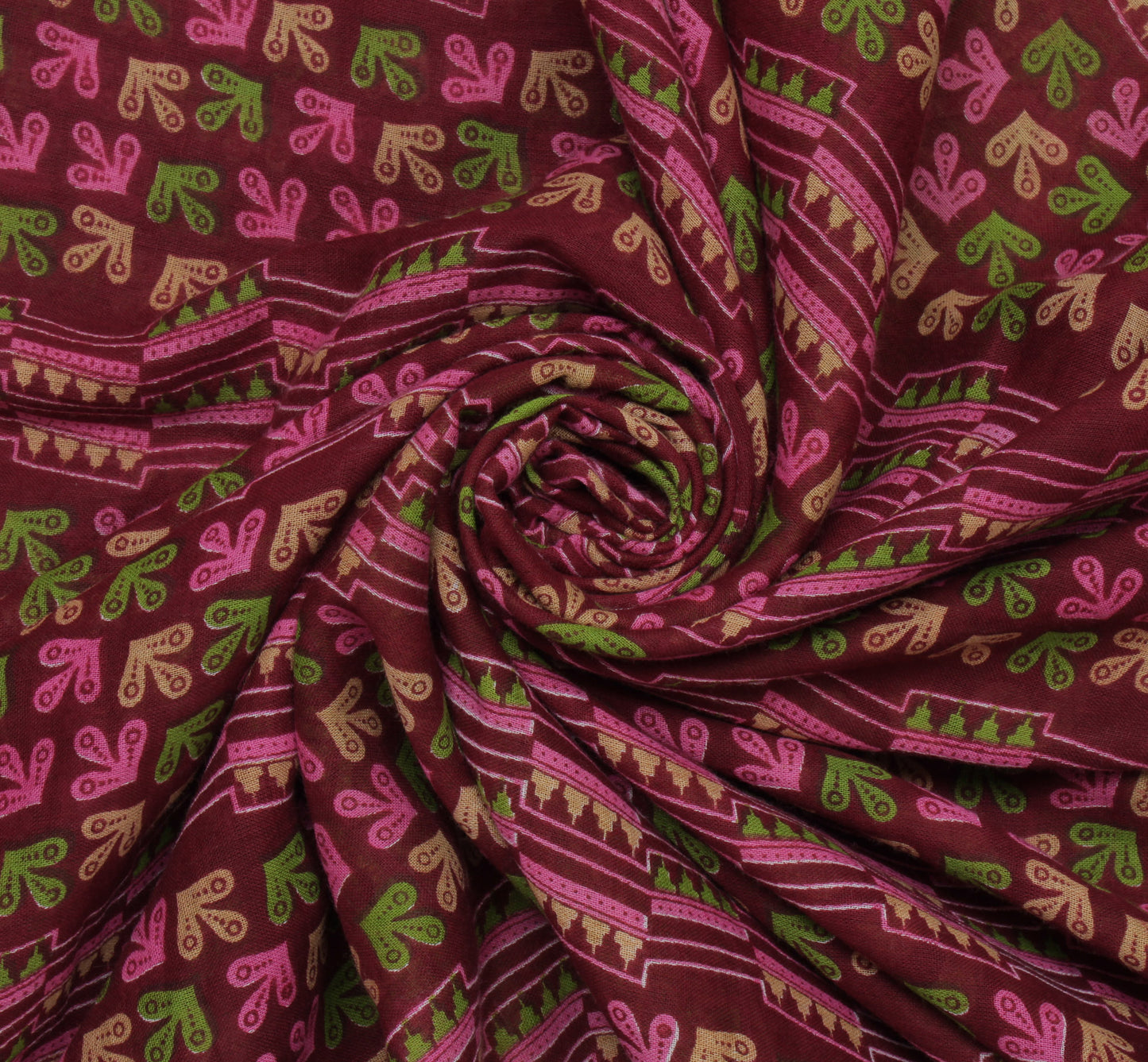 Sushila Vintage Maroon Saree 100% Pure Cotton Printed Floral 5 Yard Craft Fabric