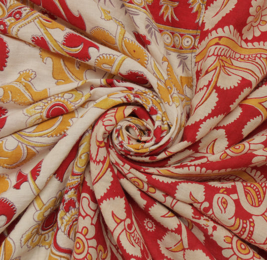 Sushila Vintage Cream Saree 100% Pure Cotton Printed Kalamkari Soft Craft Fabric