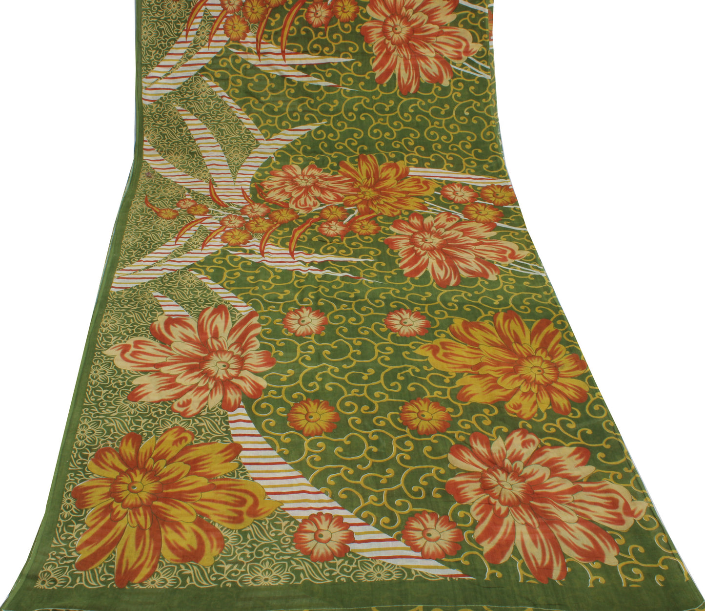 Sushila Vintage Green Saree 100% Pure Cotton Printed Floral 5 Yard  Craft Fabric