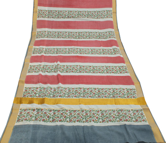 Sushila Vintage White Saree 100% Pure Cotton Printed & Woven Soft Craft Fabric