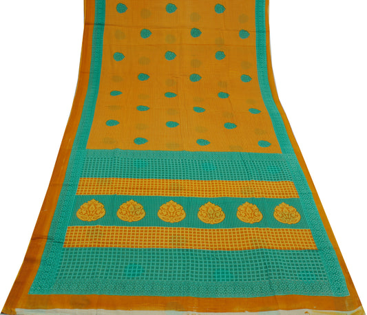 Sushila Vintage Mustard Saree 100% Pure Cotton Printed Check Soft Craft Fabric