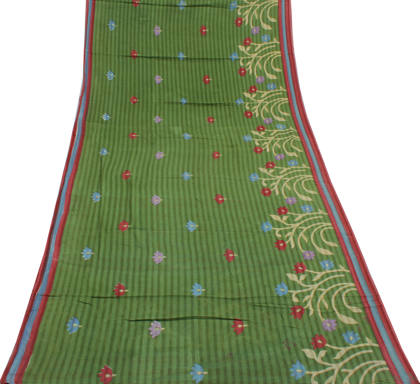 Sushila Vintage Green Saree 100% Pure Cotton Printed Floral Soft Craft Fabric