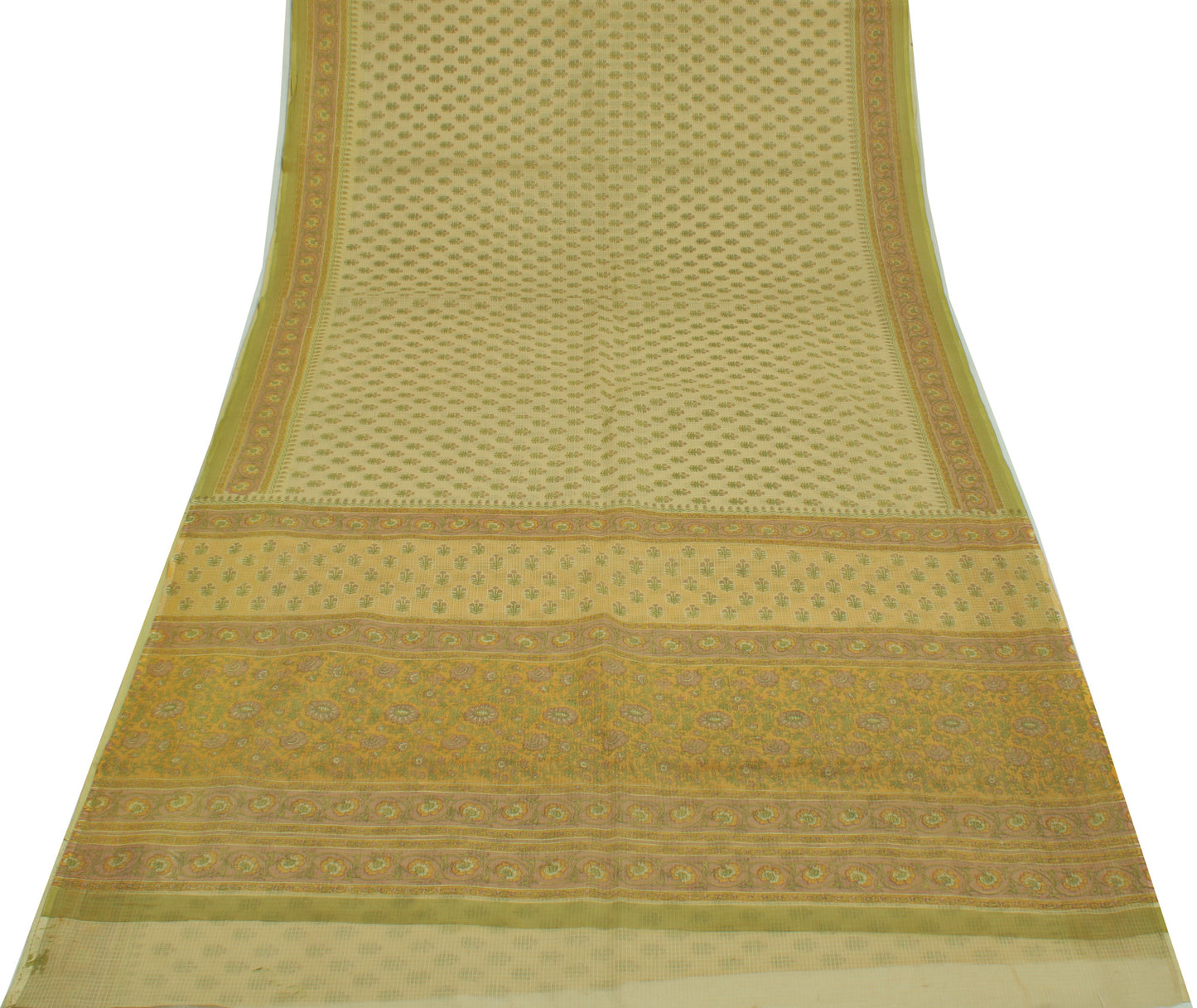 Sushila Vintage Cream Saree 100% Pure Cotton Printed Floral Sheer Craft Fabric