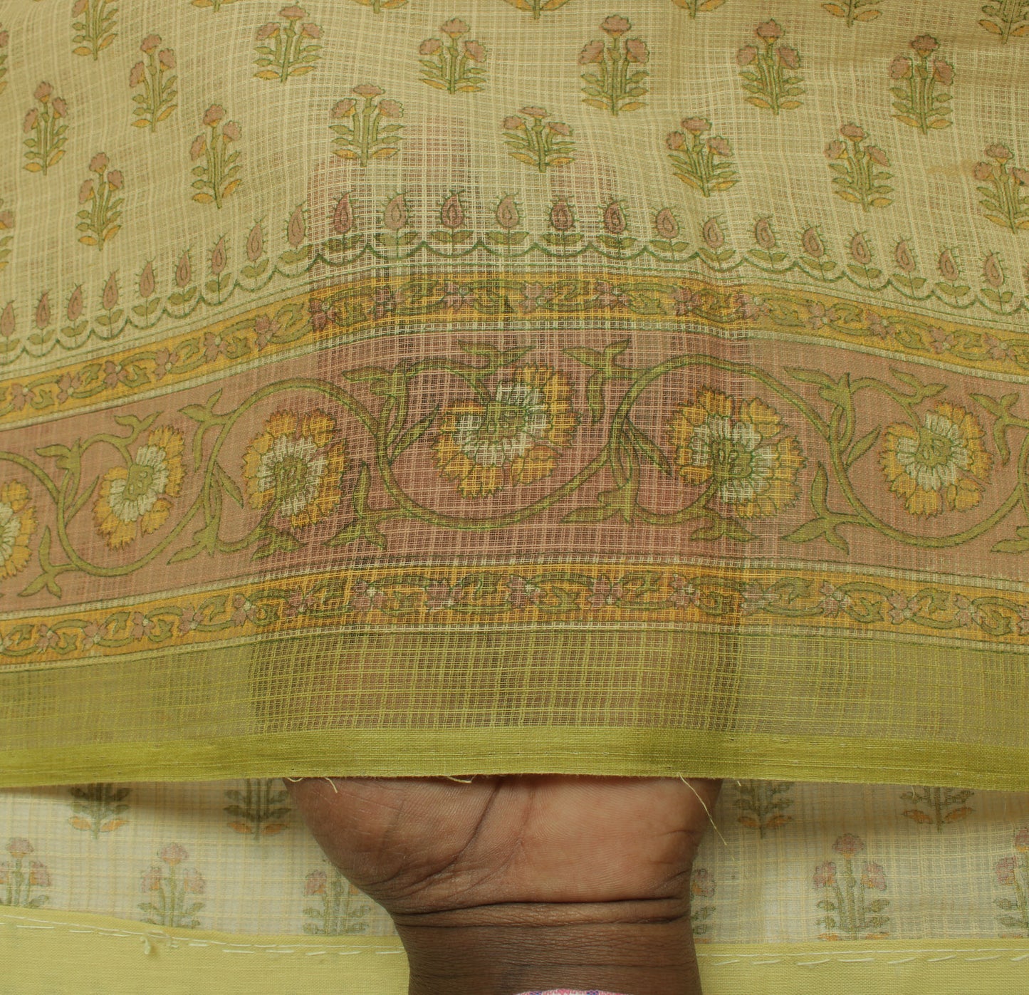 Sushila Vintage Cream Saree 100% Pure Cotton Printed Floral Sheer Craft Fabric