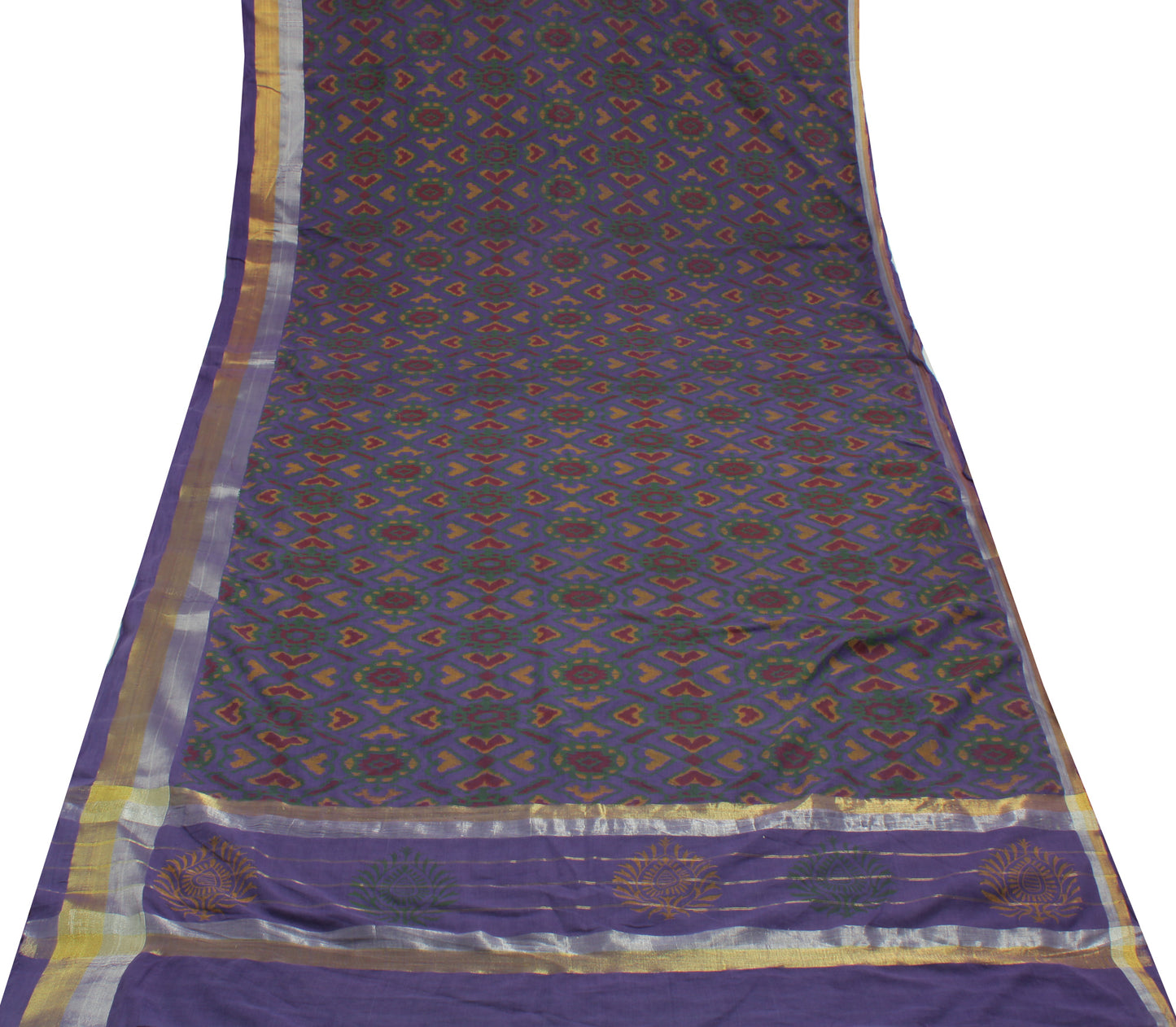 Sushila Vintage Purple Saree 100% Pure Cotton Printed Woven Floral Craft Fabric