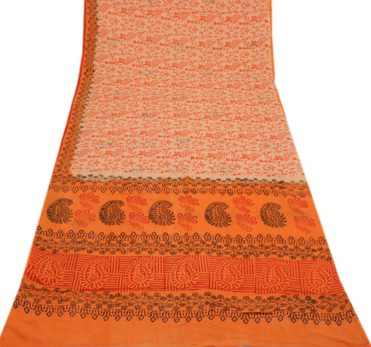 Sushila Vintage Orange Indian Saree 100% Pure Cotton Printed Soft Craft Fabric