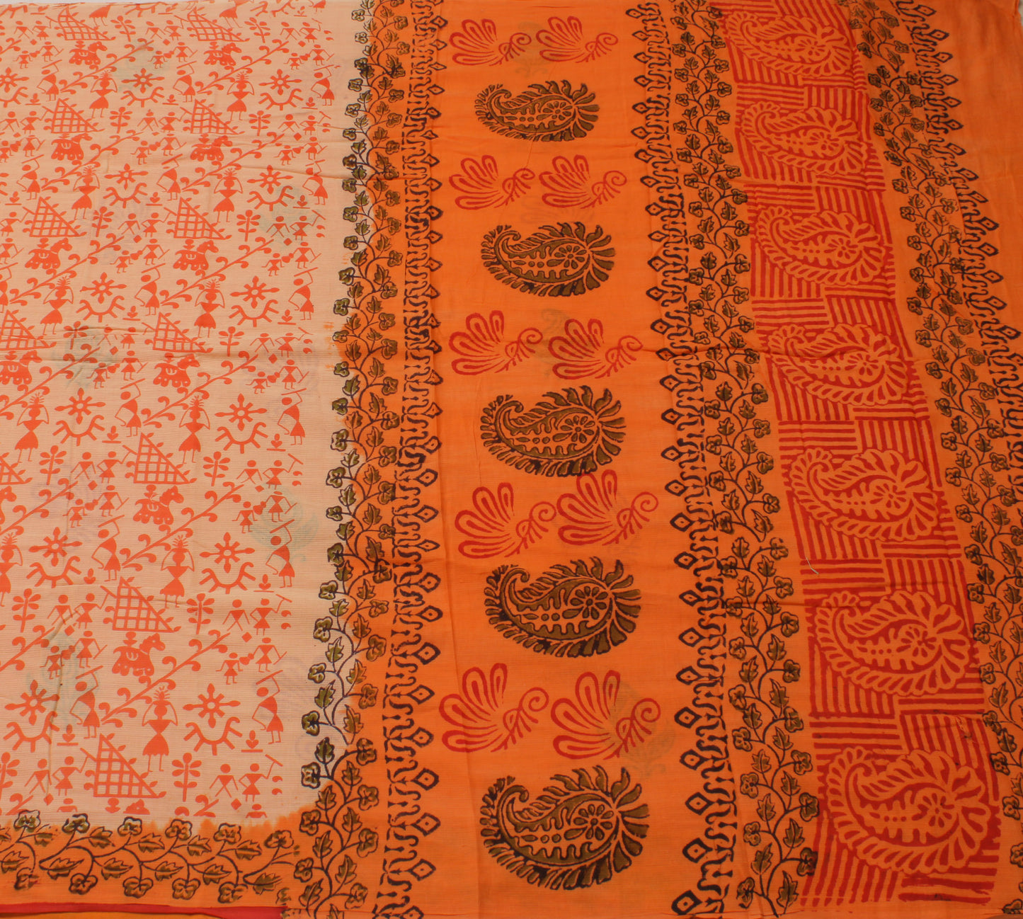 Sushila Vintage Orange Indian Saree 100% Pure Cotton Printed Soft Craft Fabric