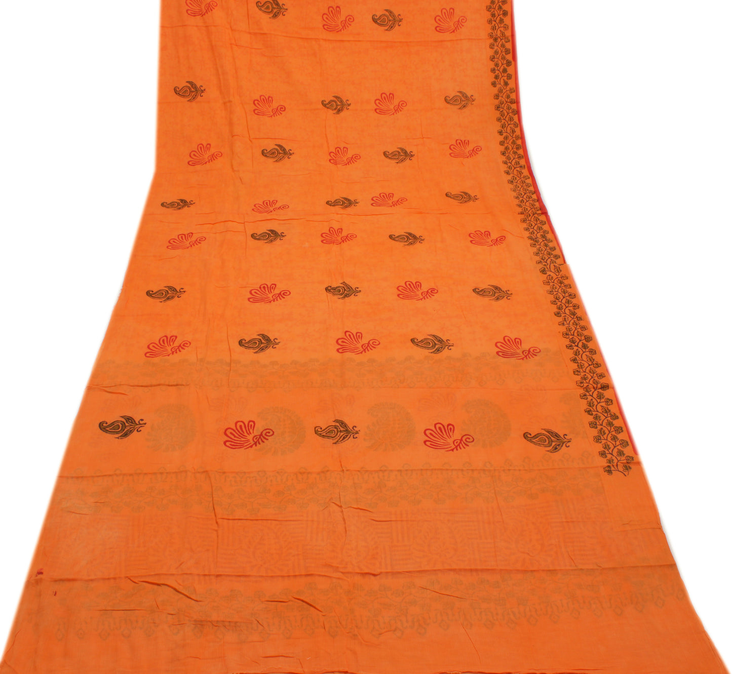 Sushila Vintage Orange Indian Saree 100% Pure Cotton Printed Soft Craft Fabric