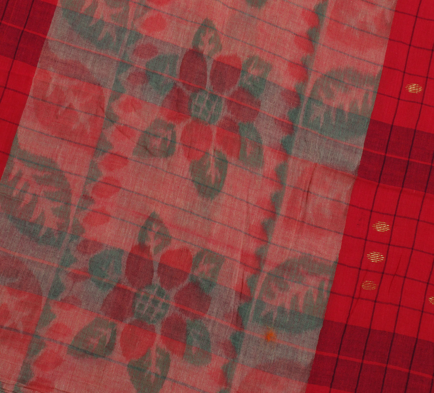 Sushila Vintage Red Indian Saree 100% Pure Cotton Woven Check Soft Craft Fabric