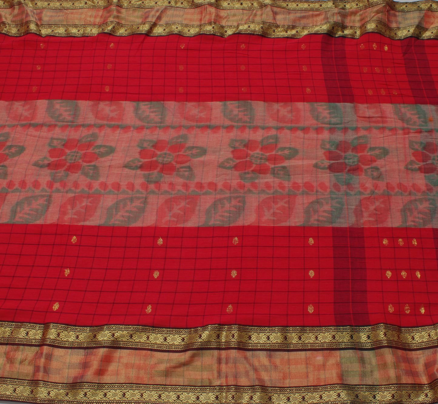 Sushila Vintage Red Indian Saree 100% Pure Cotton Woven Check Soft Craft Fabric