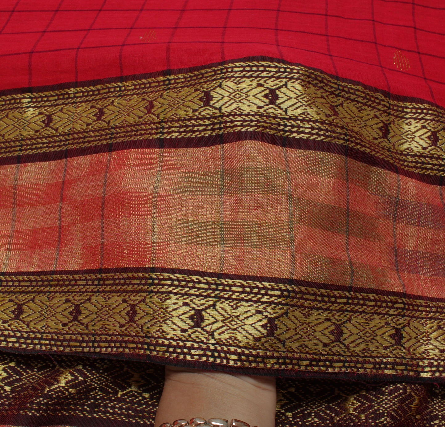 Sushila Vintage Red Indian Saree 100% Pure Cotton Woven Check Soft Craft Fabric