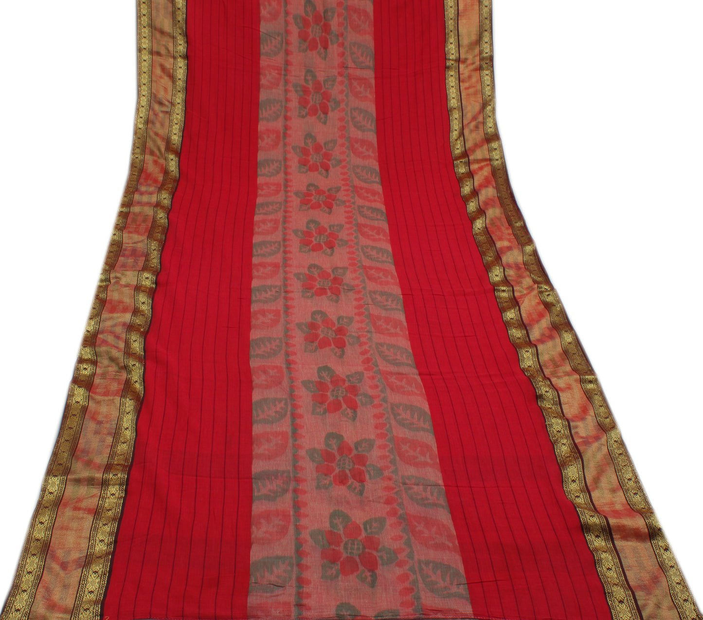 Sushila Vintage Red Indian Saree 100% Pure Cotton Woven Check Soft Craft Fabric