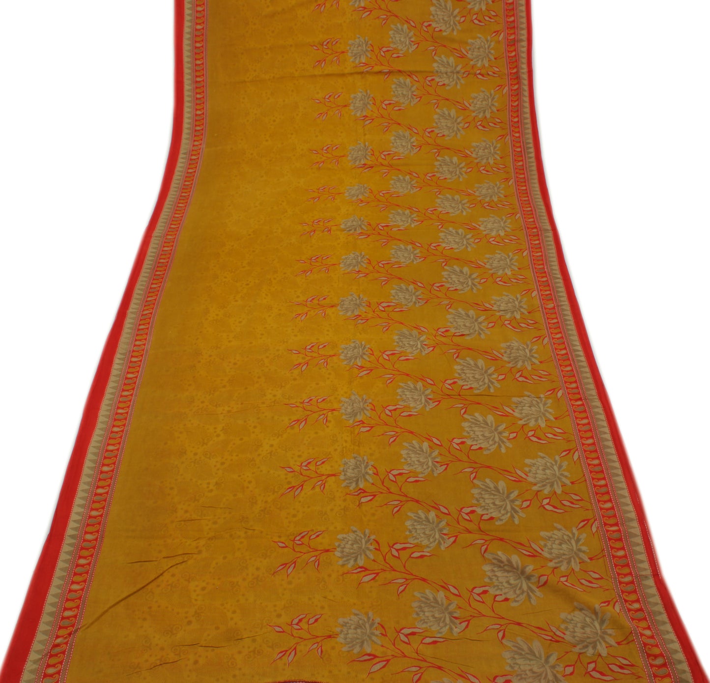 Sushila Vintage Mustard Saree 100% Pure Cotton Printed Floral 5 YD Craft Fabric