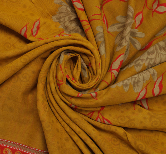 Sushila Vintage Mustard Saree 100% Pure Cotton Printed Floral 5 YD Craft Fabric