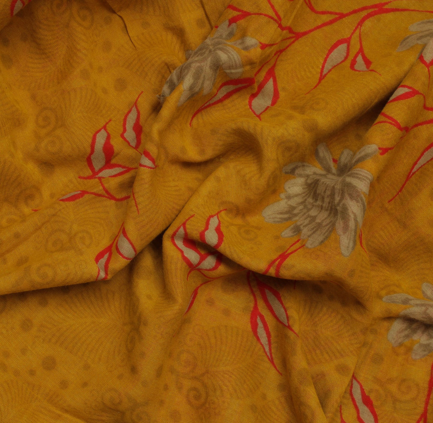 Sushila Vintage Mustard Saree 100% Pure Cotton Printed Floral 5 YD Craft Fabric