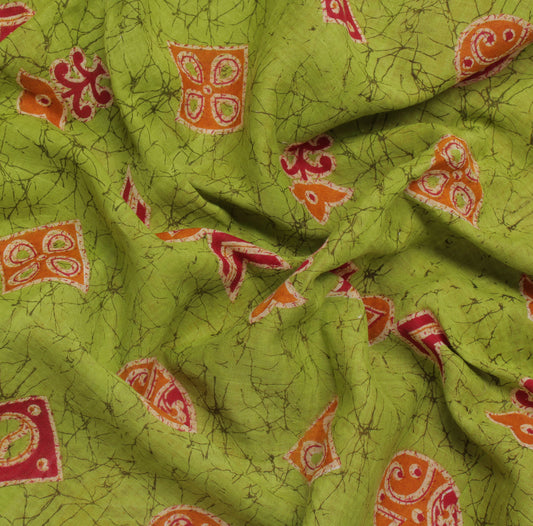 Sushila Vintage Green Saree 100% Pure Cotton Batik Printed Soft Craft Fabric