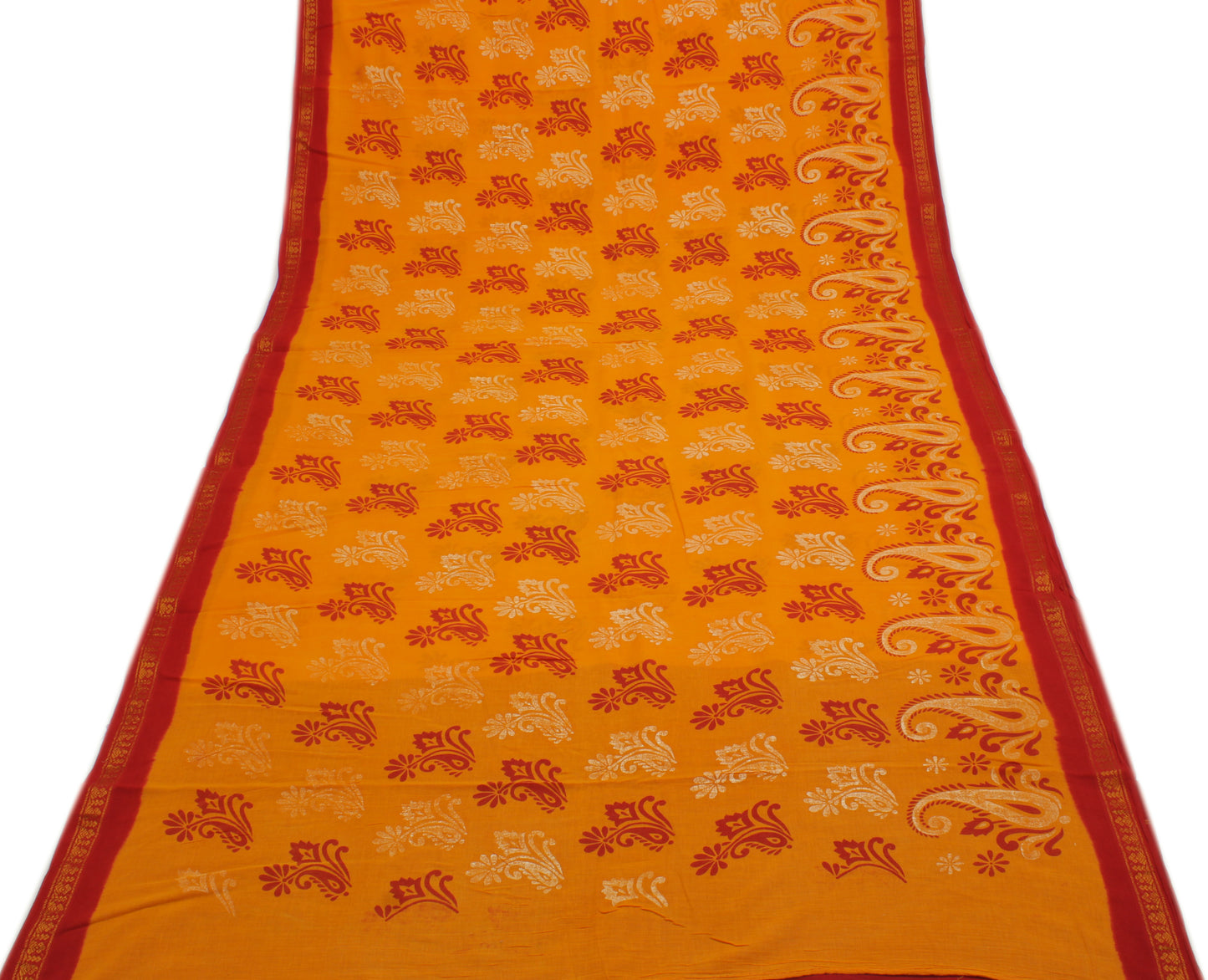 Sushila Vintage Orange Saree 100% Pure Cotton Printed Floral Soft Craft Fabric