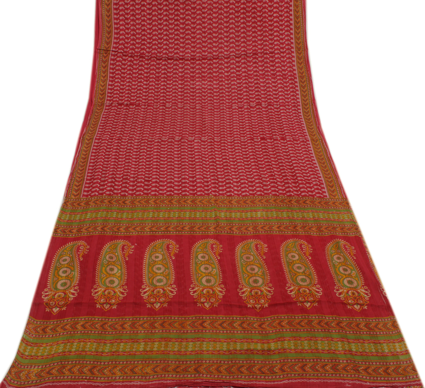 Sushila Vintage Red Saree 100% Pure Cotton Printed Paisley Soft Craft Fabric