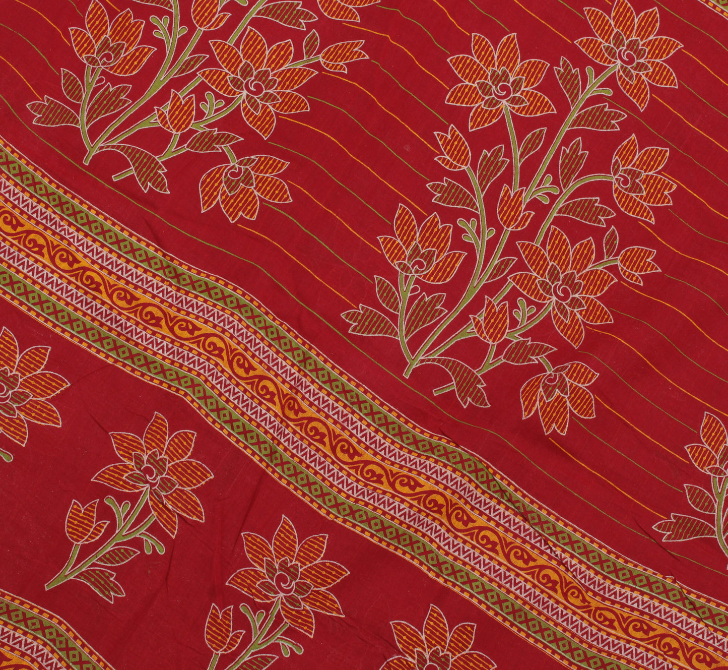 Sushila Vintage Red Saree 100% Pure Cotton Printed Floral Soft Craft Fabric