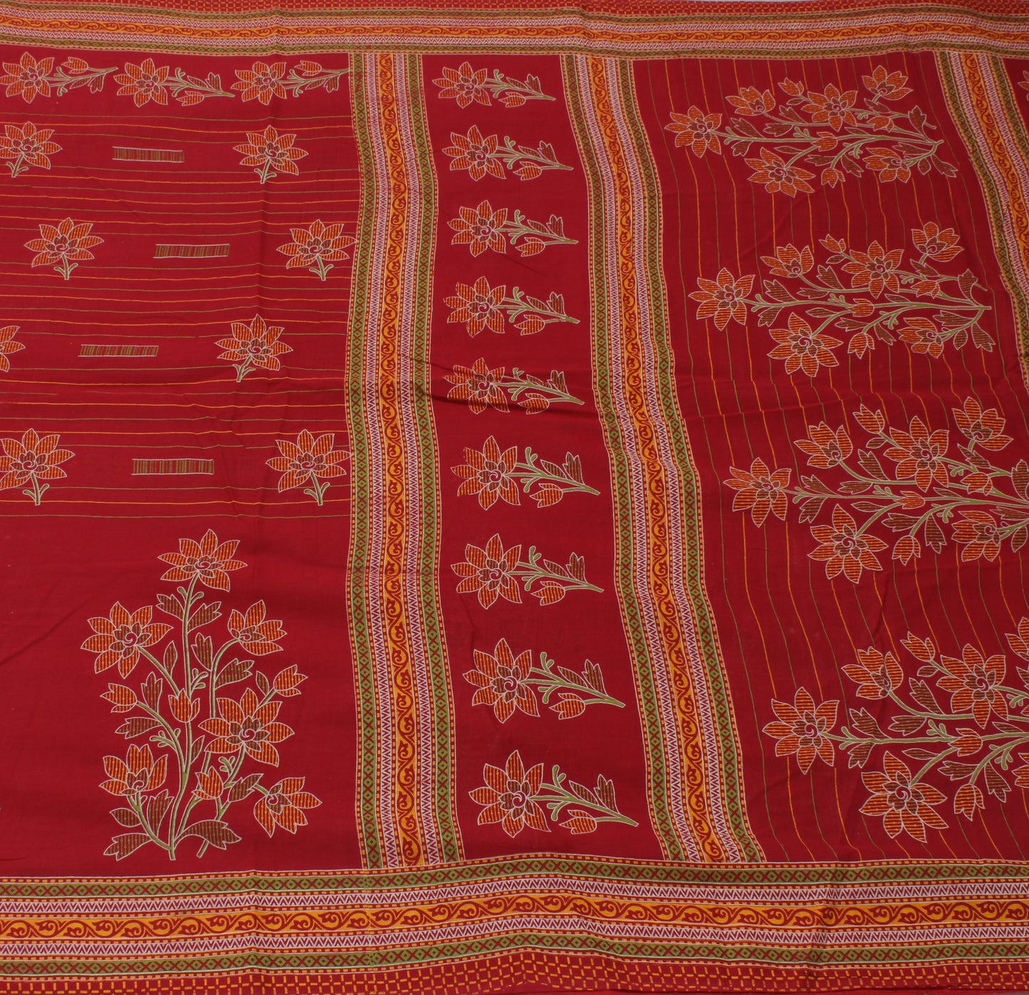 Sushila Vintage Red Saree 100% Pure Cotton Printed Floral Soft Craft Fabric