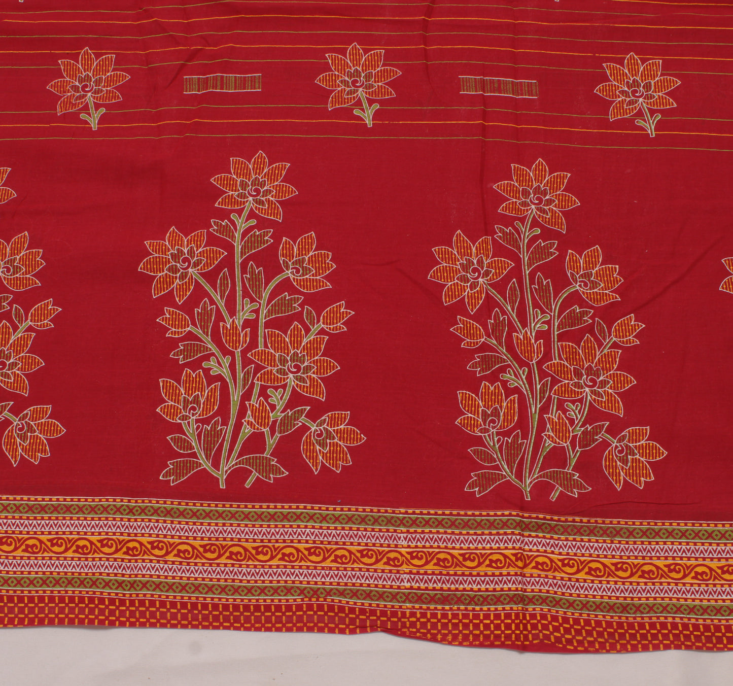 Sushila Vintage Red Saree 100% Pure Cotton Printed Floral Soft Craft Fabric