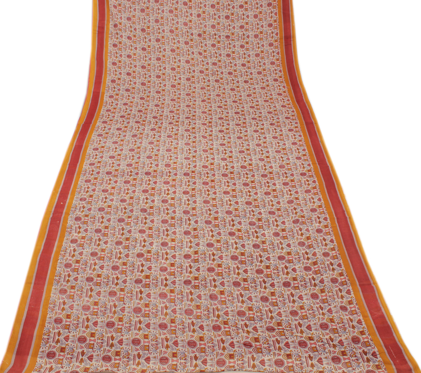 Sushila Vintage Cream Indian Saree 100% Pure Cotton Printed Soft Craft Fabric