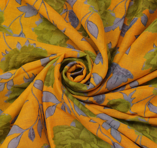 Sushila Vintage Yellow Saree 100% Pure Cotton Printed Floral Soft Craft Fabric