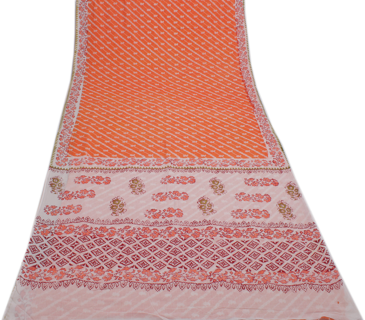 Sushila Vintage Orange Saree 100% Pure Cotton Printed Floral Soft Craft Fabric