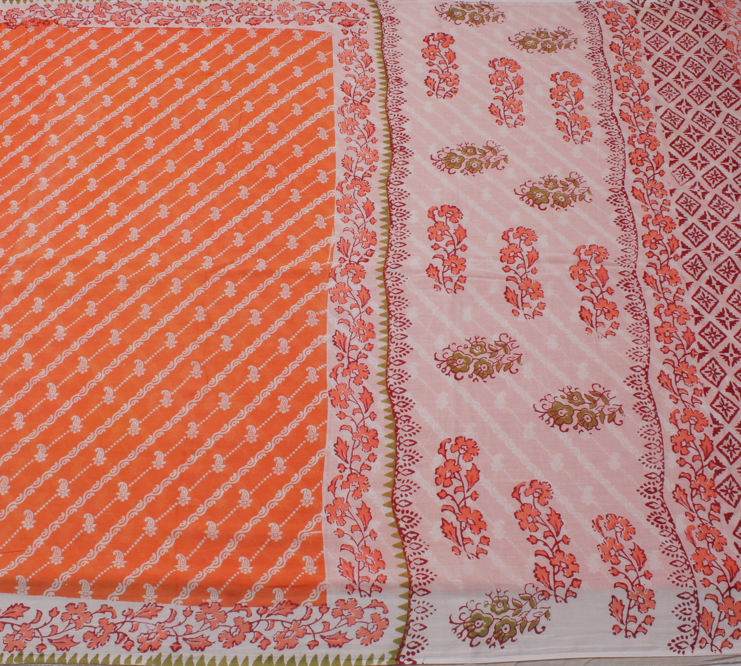 Sushila Vintage Orange Saree 100% Pure Cotton Printed Floral Soft Craft Fabric