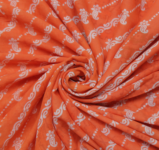 Sushila Vintage Orange Saree 100% Pure Cotton Printed Floral Soft Craft Fabric