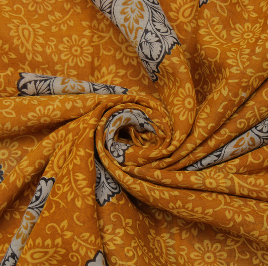 Sushila Vintage Mustard Saree 100% Pure Cotton Printed Floral Soft Craft Fabric