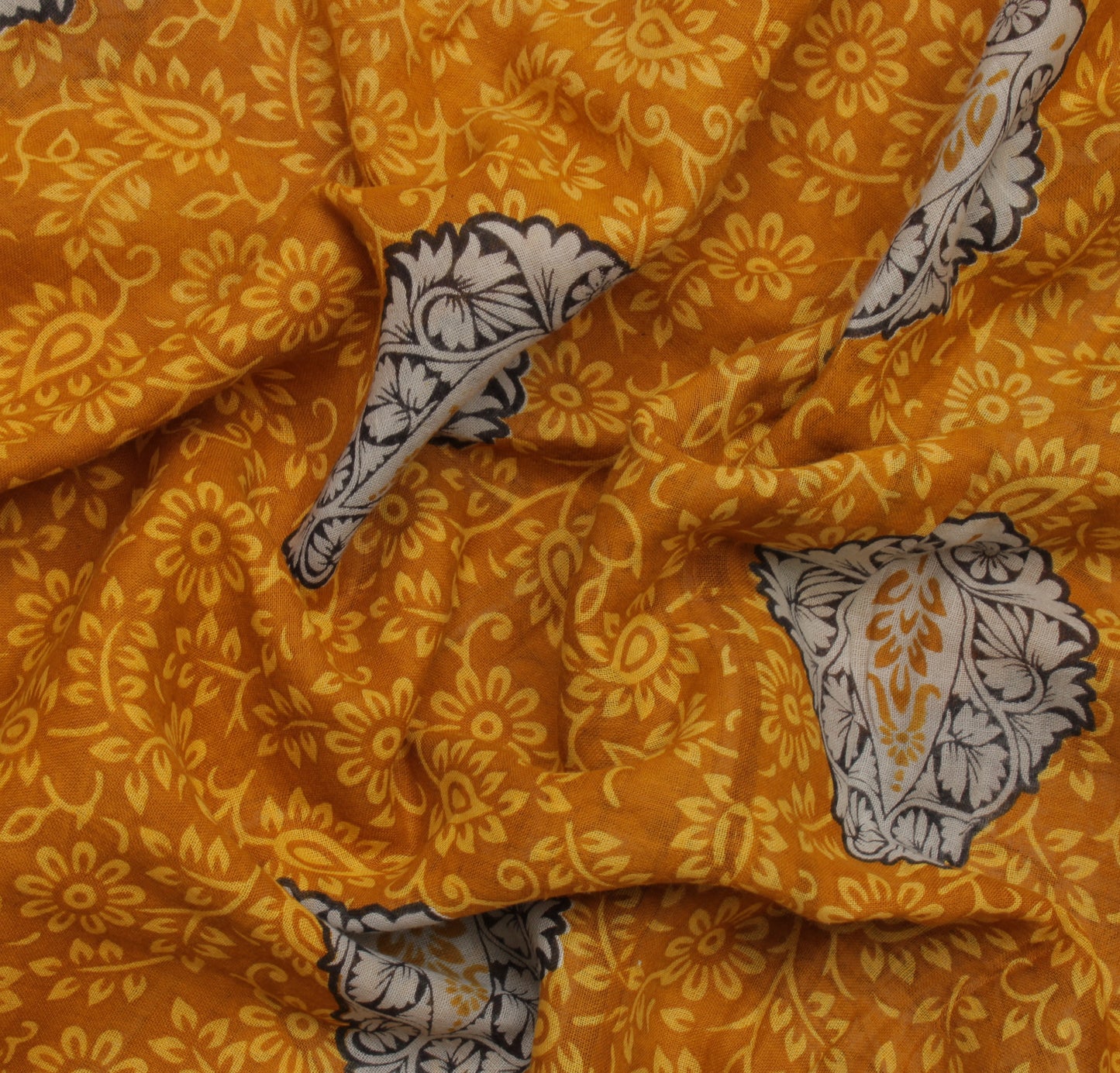 Sushila Vintage Mustard Saree 100% Pure Cotton Printed Floral Soft Craft Fabric