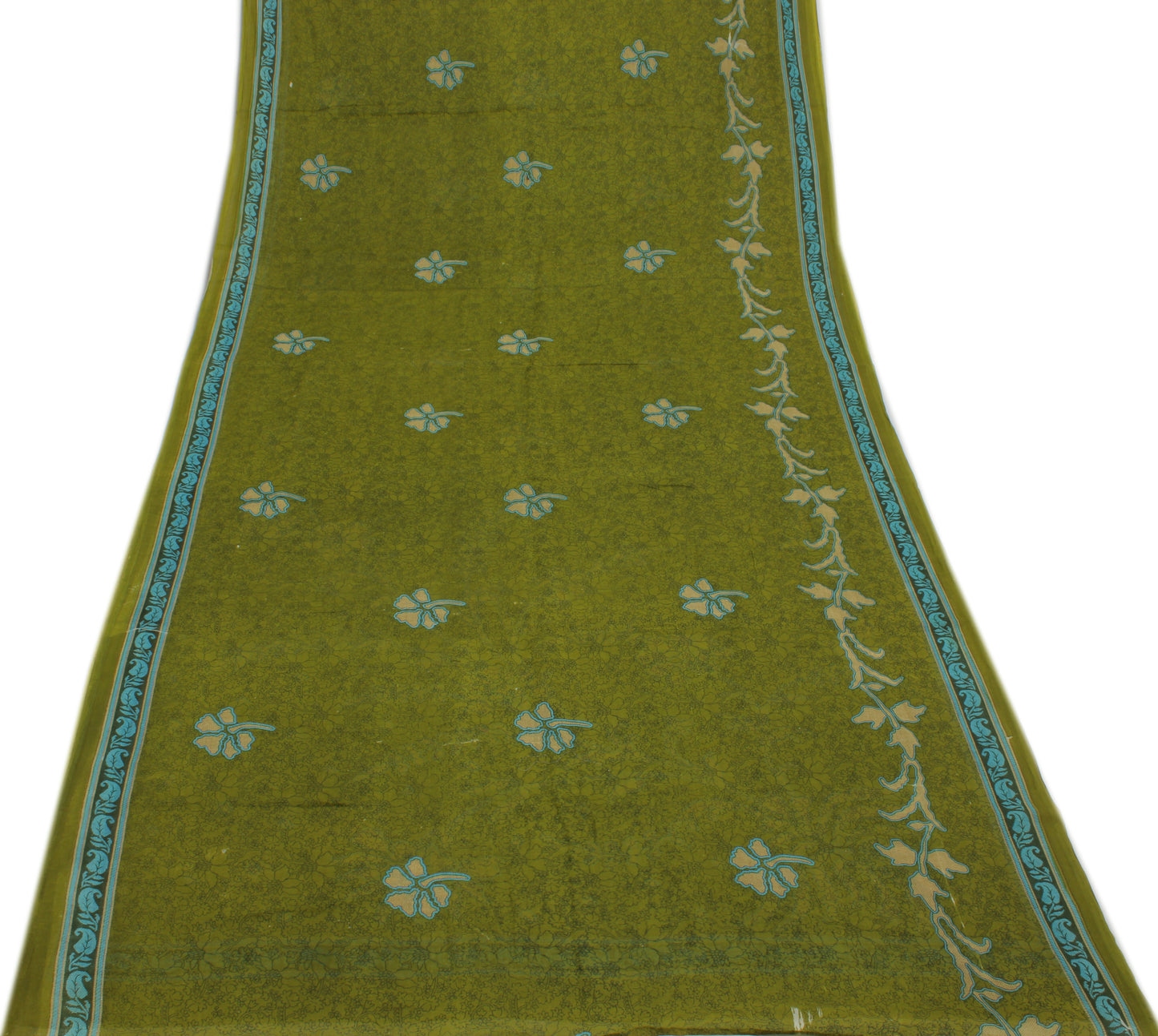 Sushila Vintage Green Saree 100% Pure Cotton Printed Floral Soft Craft Fabric