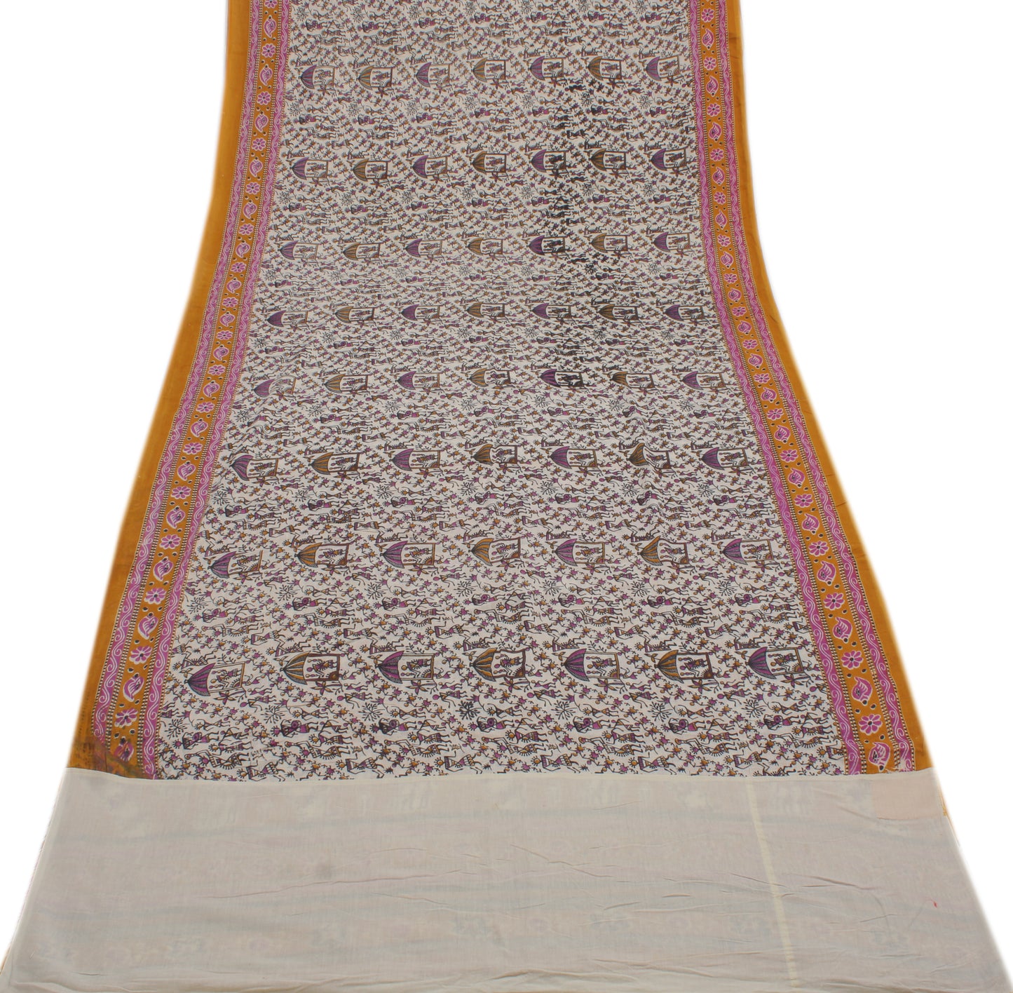 Sushila Vintage Cream Saree 100% Pure Cotton Printed Human Soft Craft Fabric