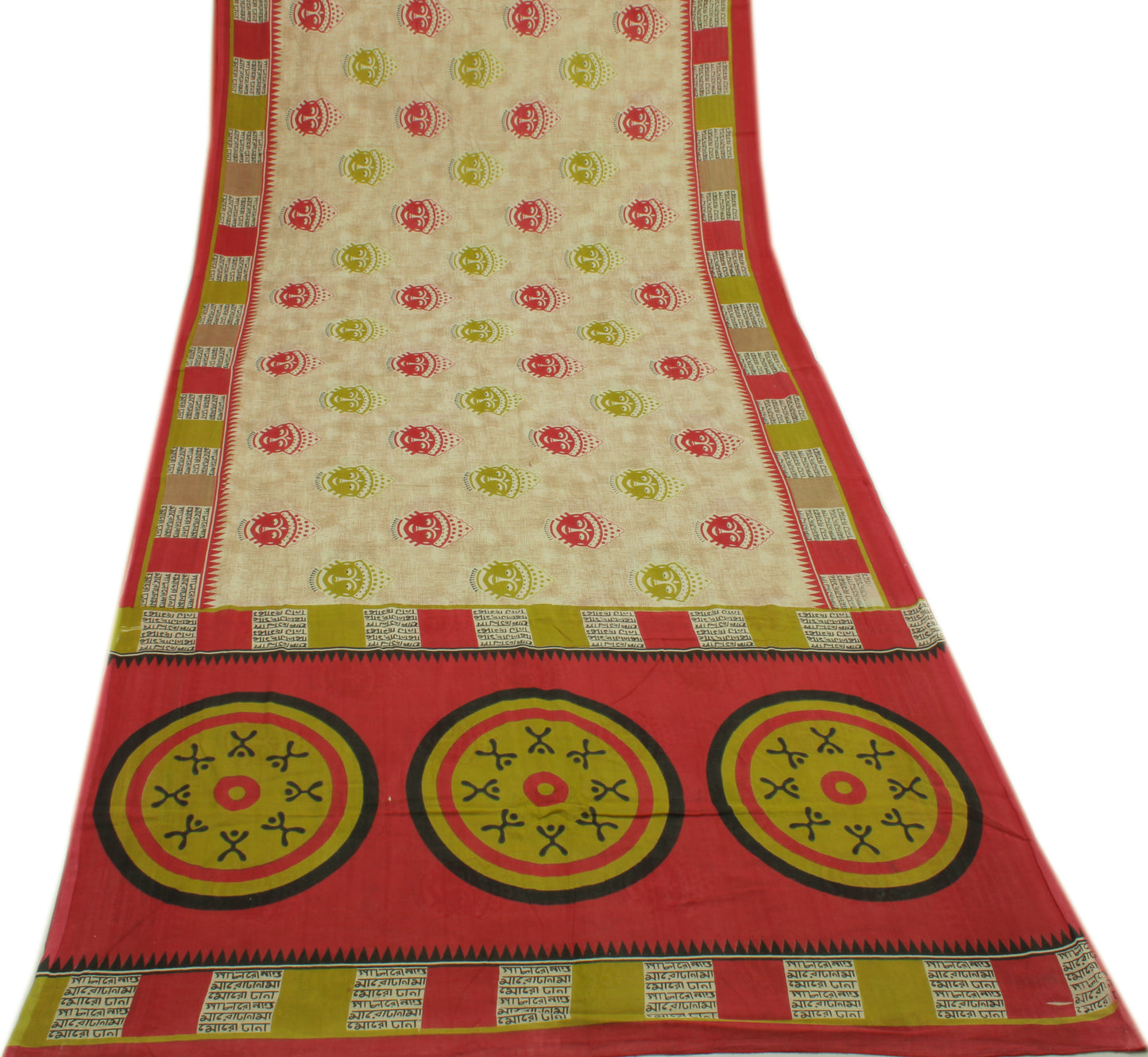 Sushila Vintage Cream Sari 100% Pure Cotton Printed Human Face Soft Craft Fabric