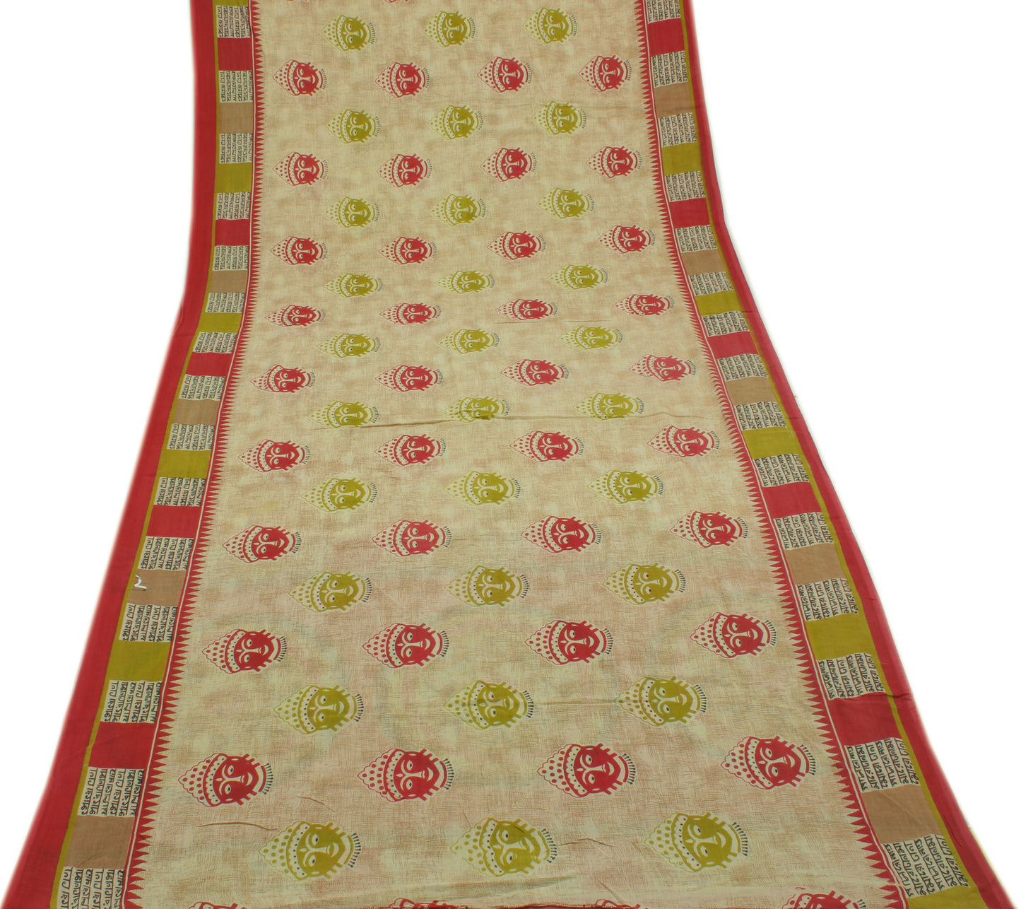 Sushila Vintage Cream Sari 100% Pure Cotton Printed Human Face Soft Craft Fabric