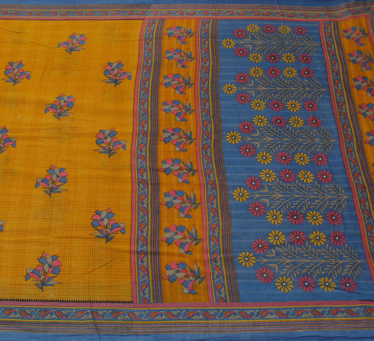 Sushila Vintage Mustard Saree 100% Pure Cotton Printed Floral Soft Craft Fabric