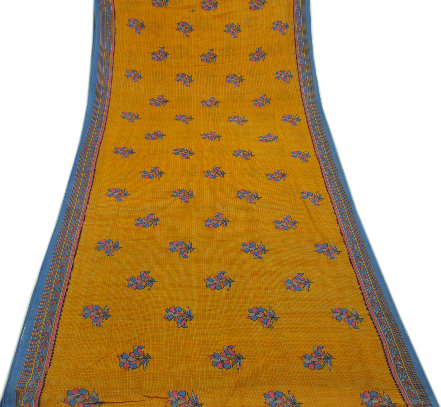 Sushila Vintage Mustard Saree 100% Pure Cotton Printed Floral Soft Craft Fabric