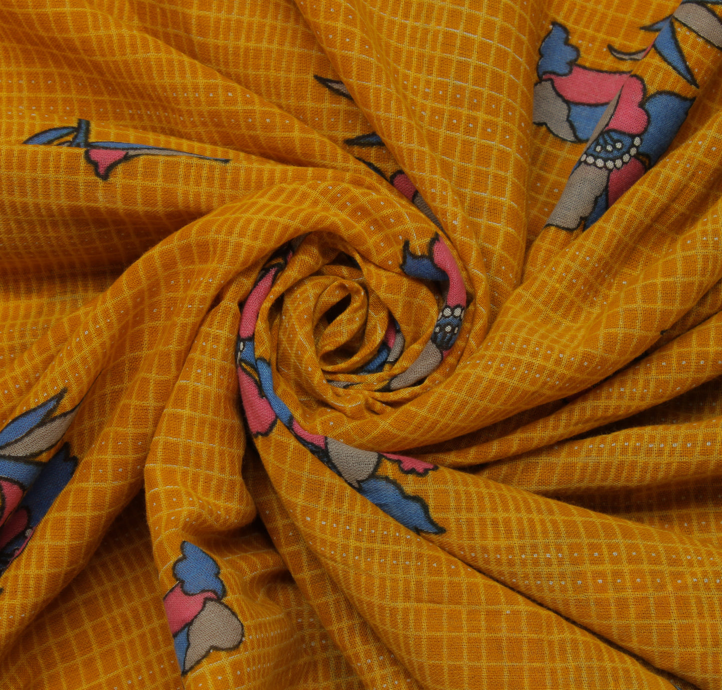 Sushila Vintage Mustard Saree 100% Pure Cotton Printed Floral Soft Craft Fabric