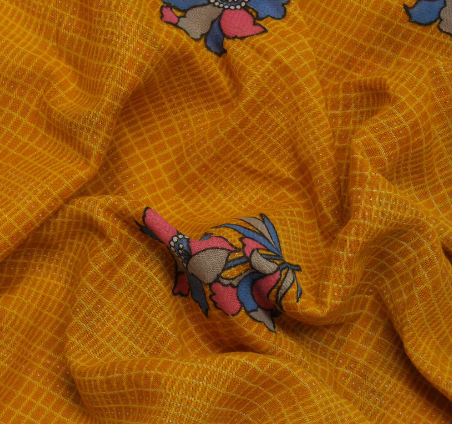 Sushila Vintage Mustard Saree 100% Pure Cotton Printed Floral Soft Craft Fabric