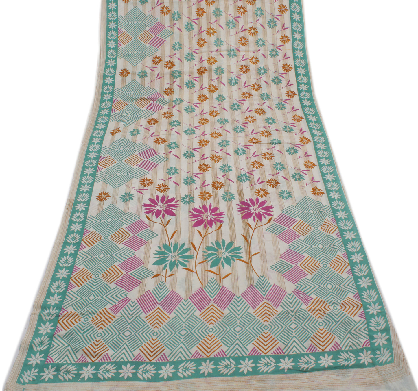 Sushila Vintage Cream Saree 100% Pure Cotton Printed Floral Soft Craft Fabric