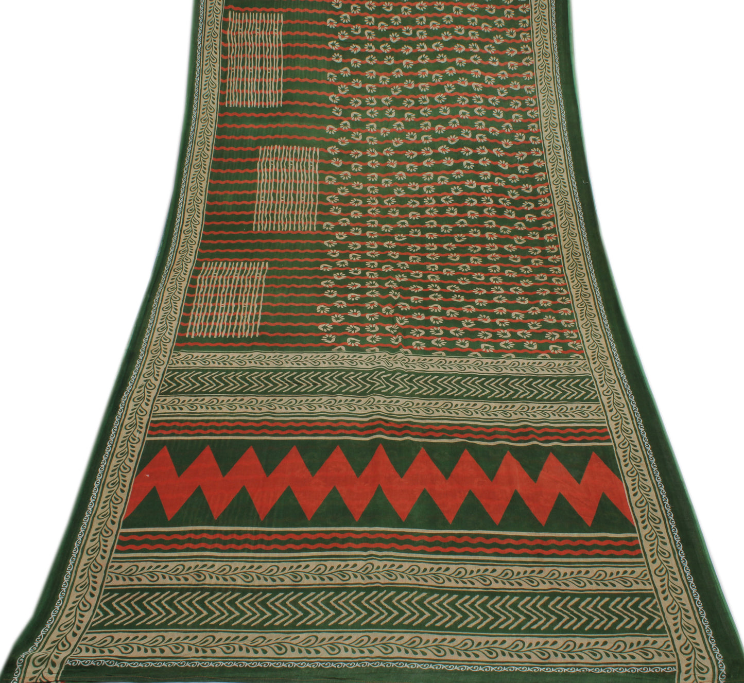 Sushila Vintage Green Saree 100% Pure Cotton Printed Floral Soft Craft Fabric