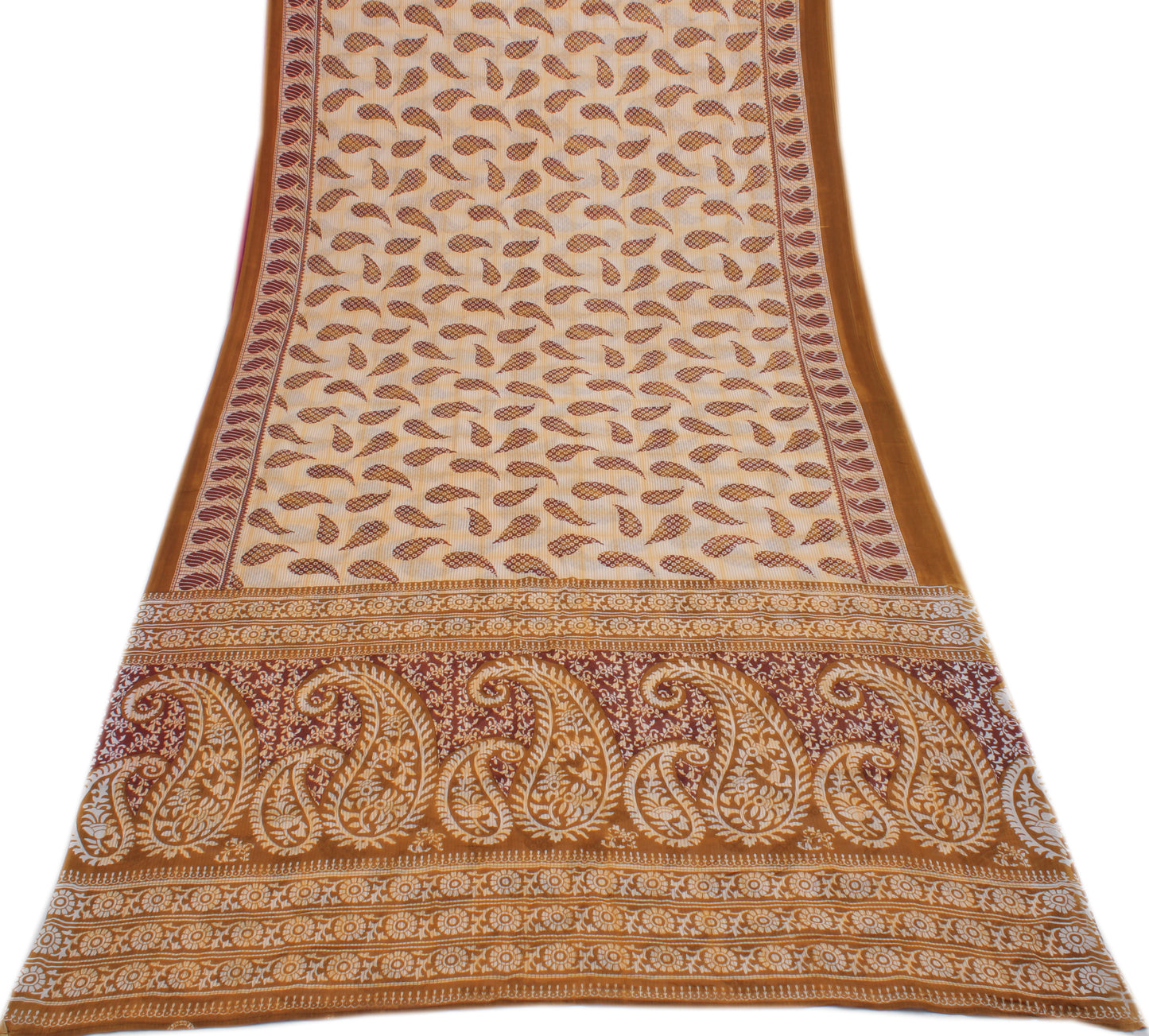 Sushila Vintage Cream Saree 100% Pure Cotton Printed Paisley Soft Craft Fabric