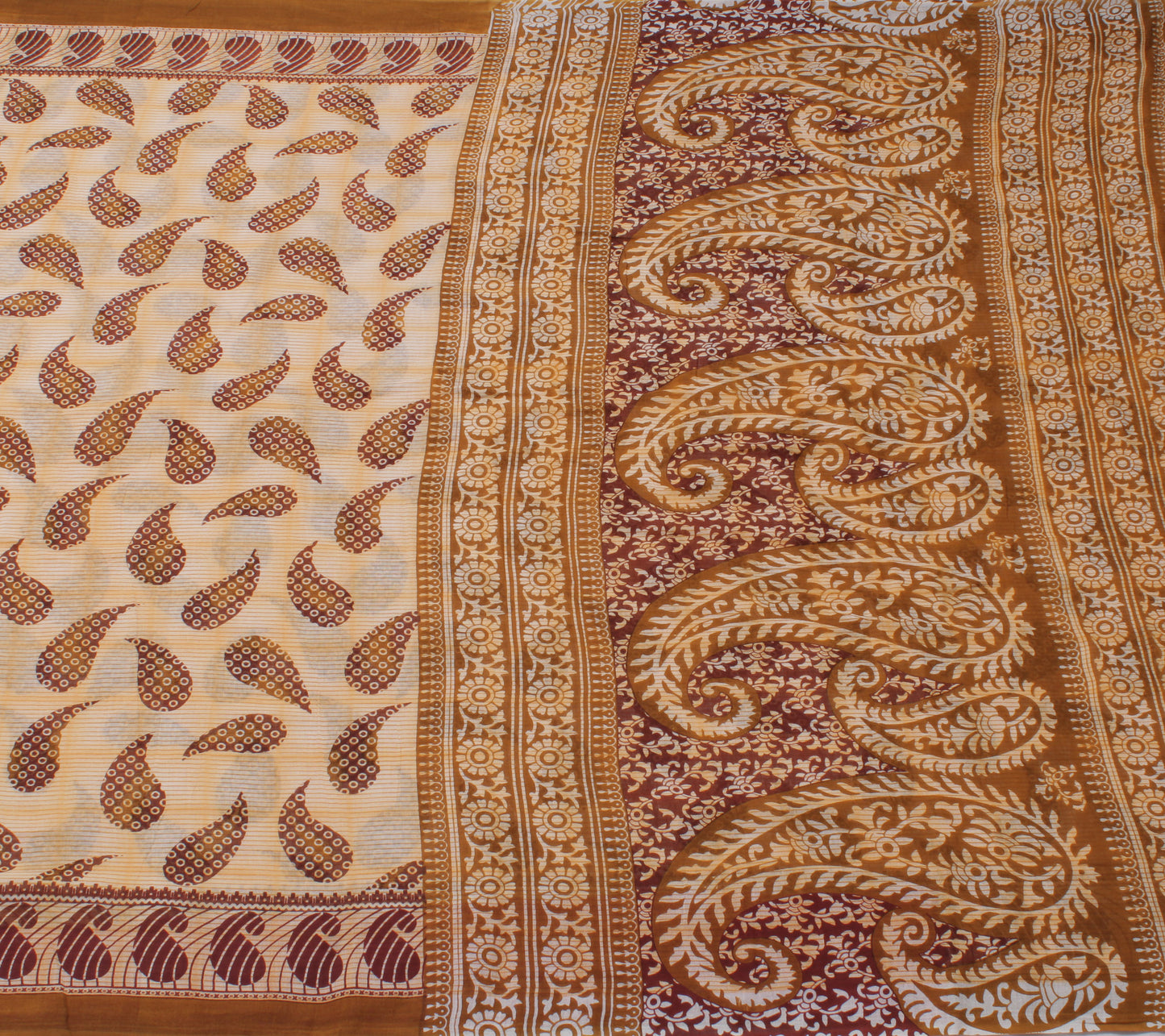 Sushila Vintage Cream Saree 100% Pure Cotton Printed Paisley Soft Craft Fabric