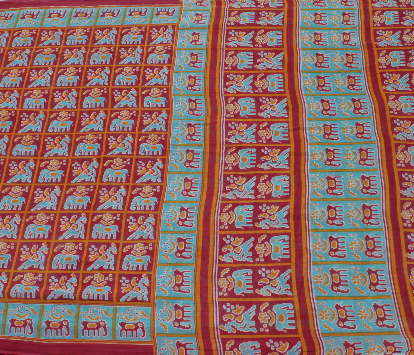 Sushila Vintage Red Saree Pure Cotton Printed Elephant & Birds Soft Craft Fabric